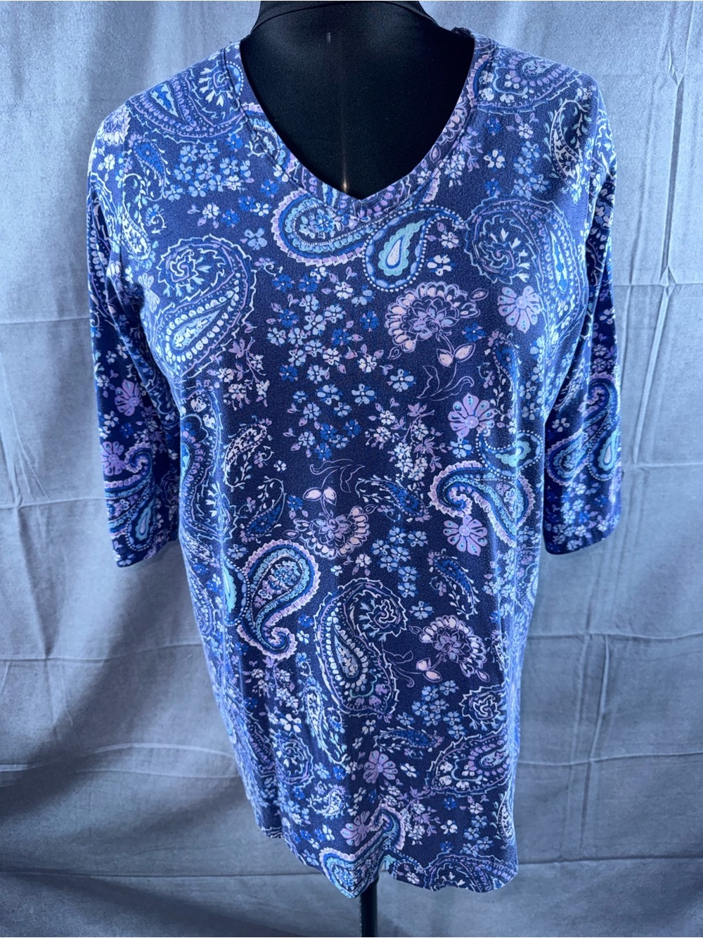 2814-Woman Within Navy & Light Blue Paisley V-Neck Tunic